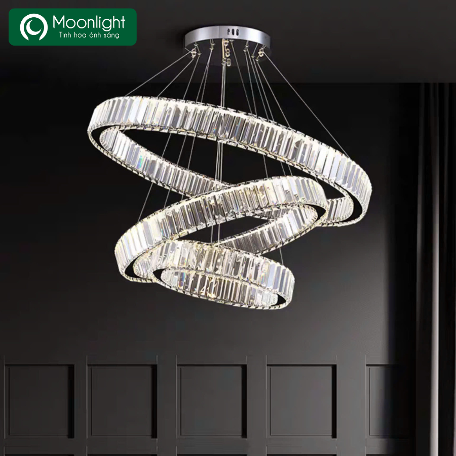 Đèn thả pha lê 3 vòng tròn mỏng khung Inox bản D76x22 D40-60-80cm TPLTM HTTHPL-141-AQ