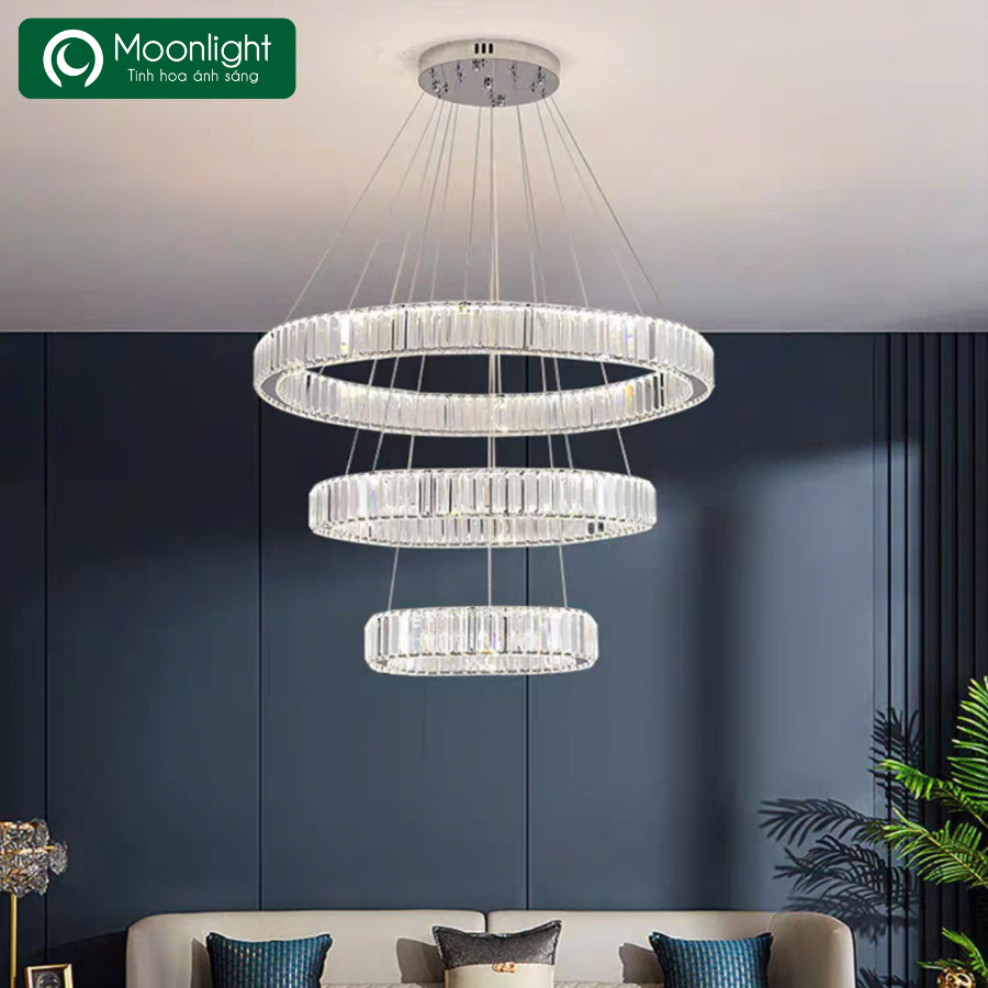 Đèn thả pha lê 3 vòng tròn mỏng khung Inox bản D76x22 D40-60-80cm TPLTM HTTHPL-141-AQ