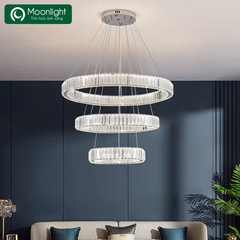 Đèn thả pha lê 3 vòng tròn mỏng khung Inox bản D76x22 D40-60-80cm TPLTM HTTHPL-141-AQ