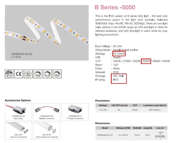 Dây LED dán 24V/10W, Mã hàng: CEGB5050-50, 10-12W/M - Ánh sáng: 3500K - CRI:Ra>90 - Góc chiếu: 120 Độ, 24V DC, Kích thước: L5000*W10*H2, IP20