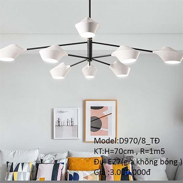 HT Đèn thả trang trí 8 bóng chao trắng, thân đen H=70CM, =1M5 đui e27 (giá không bóng) D970/8TĐ HTTHTR-023-WH