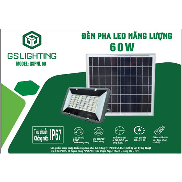 GS Đèn pha năng lượng SMD-GSPNL 60w điện áp 6v/15w, pin 3.2/12Ah, ánh sáng 6000k, 100Lm/W, IP67, CRI >80, GSPNL60