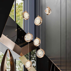 HT Bộ đèn thả pha lê thông tầng hình tròn viền vàng mâm inox HTK_029 HTTHTT-026