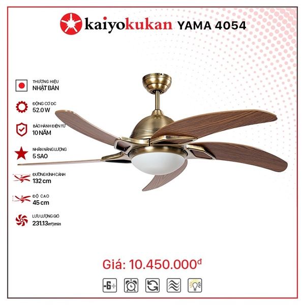 Quạt trần đèn Nhật Bản Kaiyo Kukan 5 cánh D132cm 52W DC YAMA 4054