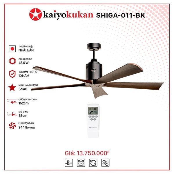 Quạt trần Nhật Bản Kaiyo Kukan 5 cánh D152cm 45W DC SHIGA 011 BK