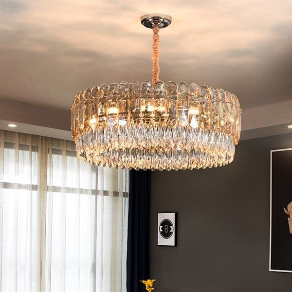 Đèn thả pha lê trắng hổ phách khung tròn D800 8039D800 VLTHPL-026-T-80-YE