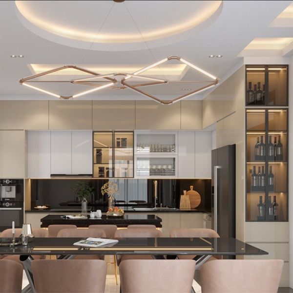 Đèn thả bàn ăn 3 vòng hình thoi chất liệu Inox và mica, KT 1m2 VLTHBA-112