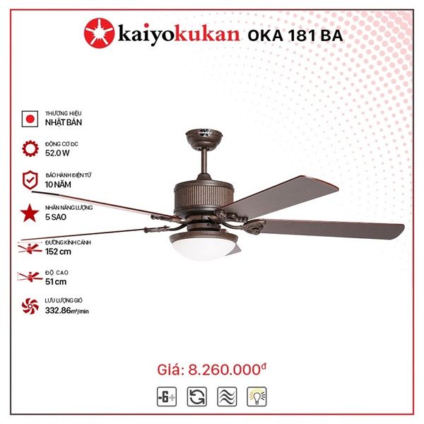 Quạt trần đèn Nhật Bản Kaiyo Kukan 4 cánh D132cm 52W DC NAGO 594