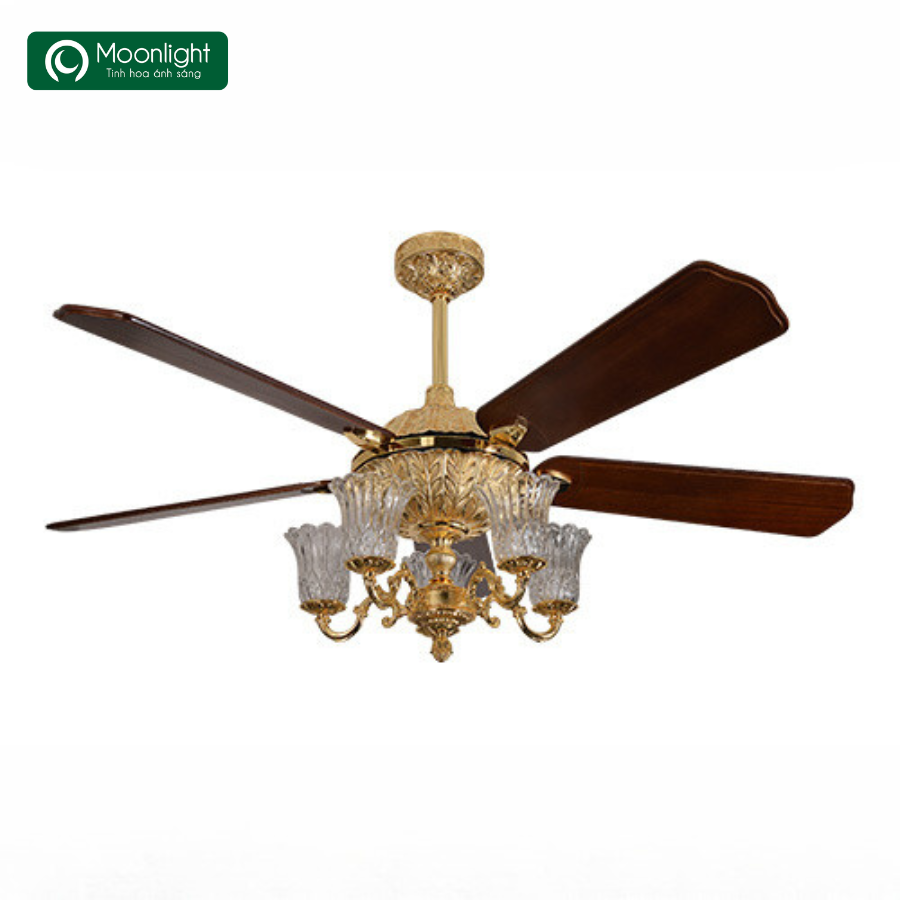 Quạt trần Đài Loan Luxaire Gold 5 cánh gỗ tự nhiên 152cm 62w DC bóng E14x5 chất liệu hợp kim nhôm mạ màu vàng gold 24K 60511 - 5 - 152 - DC - có đèn