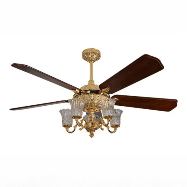Quạt trần Đài Loan Luxaire Gold 5 cánh gỗ tự nhiên 152cm 62w DC bóng E14x5 chất liệu hợp kim nhôm mạ màu vàng gold 24K 60511 - 5 - 152 - DC - có đèn