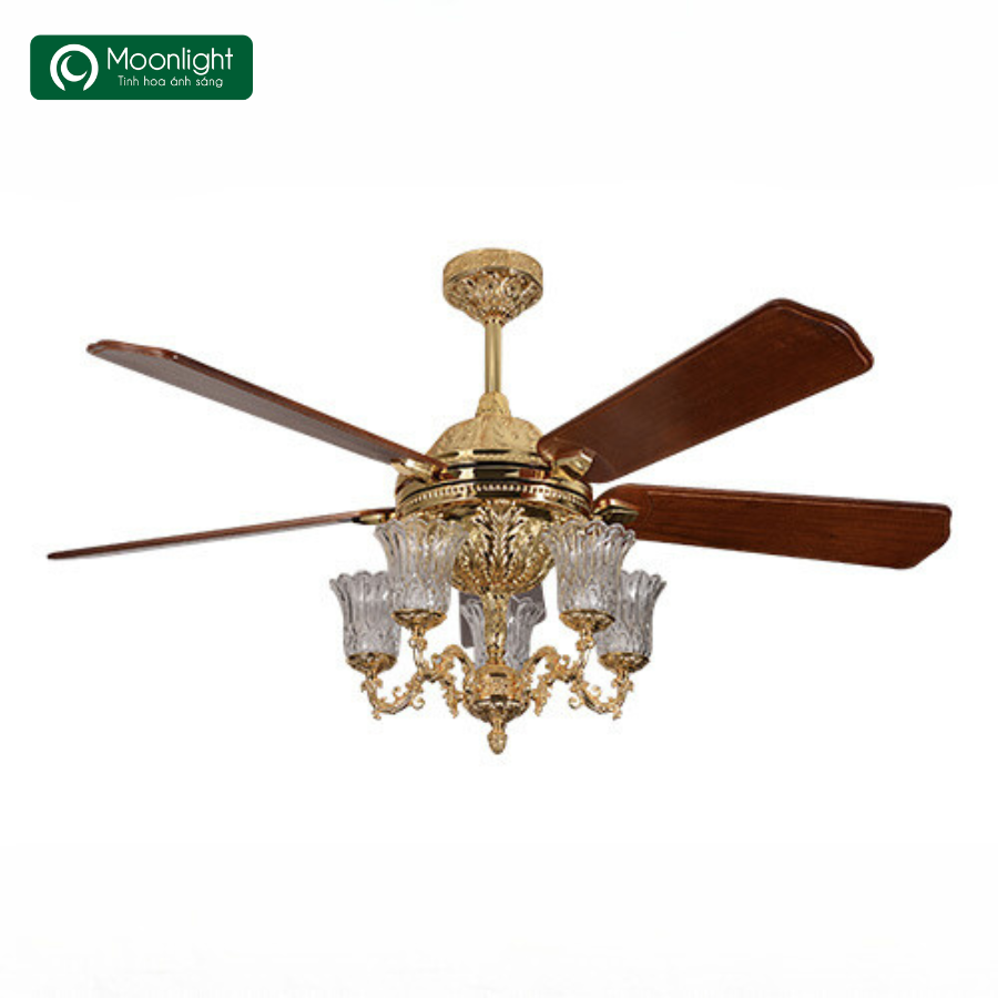 Quạt trần Đài Loan Luxaire Gold 5 cánh gỗ tự nhiên 152cm 62w DC bóng E14x5 chất liệu hợp kim đồng mạ màu vàng gold 24K 60514 - 5 - 152 - DC - có đèn