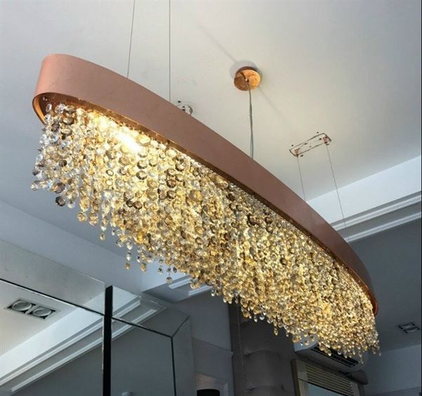 Đèn thả pha lê hình elip dài màu đồng hồng, dát vàng D1800*350 VLTHPL-210-D