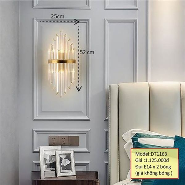 HT Đèn tường pha lê viền vàng, đui e14 D25, H52cm 2 bóng (giá không bóng) DT1163 HTDTPL-043-YE