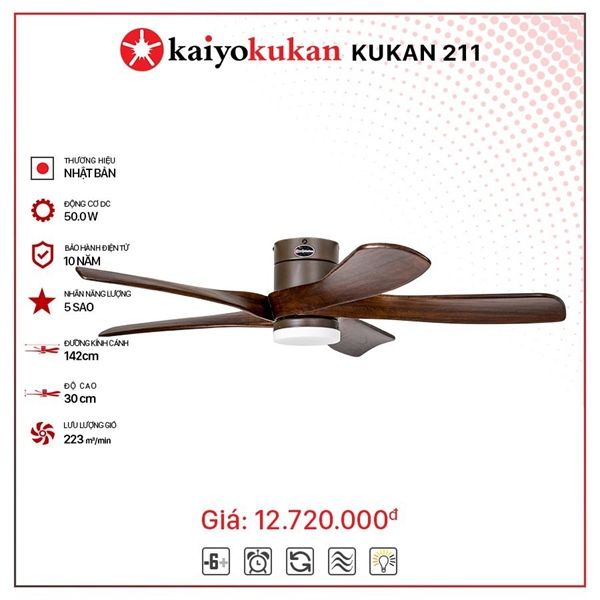 Quạt trần đèn Nhật Bản Kaiyo Kukan 5 cánh D142cm 50W DC KUKAN 211