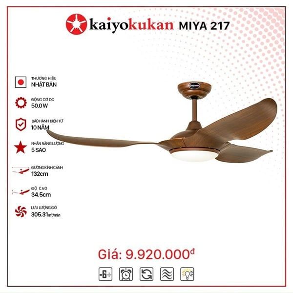 Quạt trần đèn Nhật Bản Kaiyo Kukan 3 cánh D132cm 50W DC MIYA 217