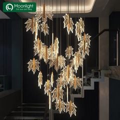Đèn thả thông tầng mica hình lá phong 81 lá thả tự do dây thả dài nhất 5,5m mâm Inox trắng hình chữ nhật KT 110x220cm VLTHTT-334-AA