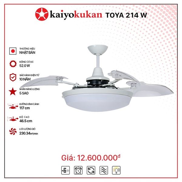 Quạt trần đèn thu cánh Nhật Bản Kaiyo Kukan 4 cánh D117cm 52W DC TOYA 214 WH