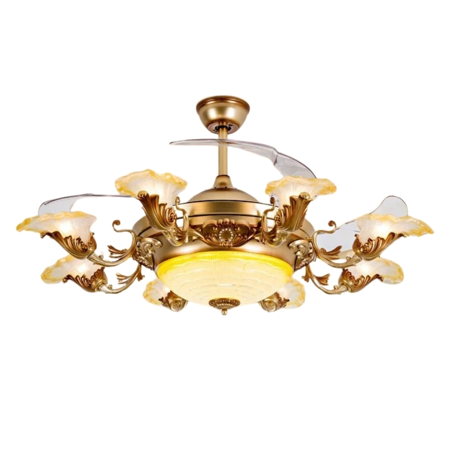 Quạt trần đèn thu cánh đèn 8 tay 4 cánh 107cm 45w DC Y42-7080PG VLQTTC-301