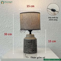 Đèn bàn thân gốm xám họa tiết chao trụ DBG001 KT H30*15 E27 VLDBGM-059