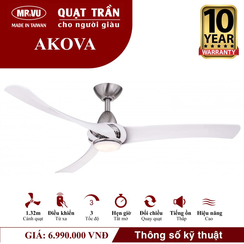 Quạt trần đèn Mr.Vu AKOVA 3 cánh 1m32 80W AC