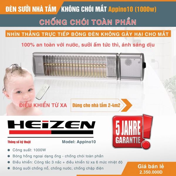 Đèn sưởi nhà tắm chống chói mắt 1000W có điều khiển từ xa Heizen APPINO10