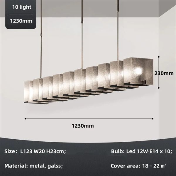 Đèn thả bàn ăn hợp kim kết hợp chao thủy tinh D1200*H230*W200 E14*10 VLTHBA-111