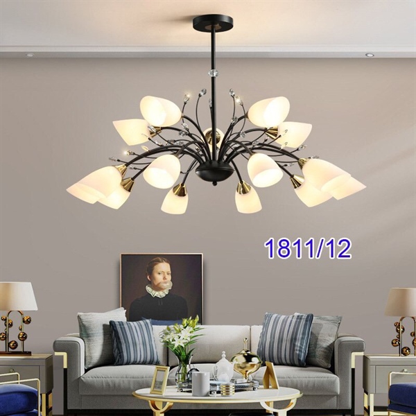 Đèn chùm hợp kim chao thủy tinh 10+5 tay đen 1811/15 VLCHHK-076
