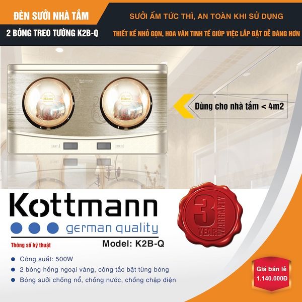 Đèn sưởi nhà tắm Kottmann treo tường 2 bóng vàng dùng công tắc K2BQ