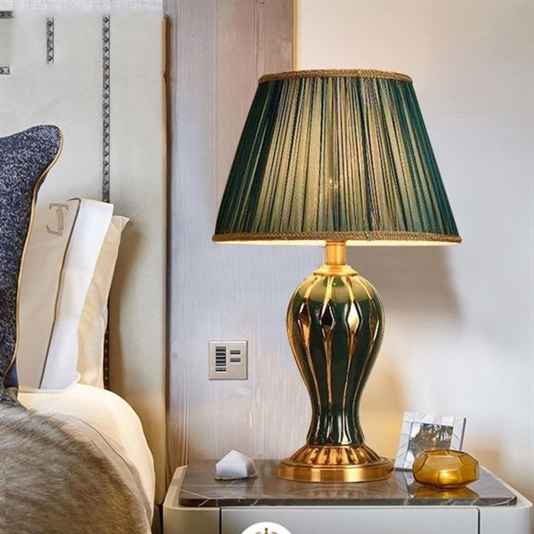 Đèn bàn thân gốm xanh chao vải xanh 9013 = 1939 VLDBGM-009-GR