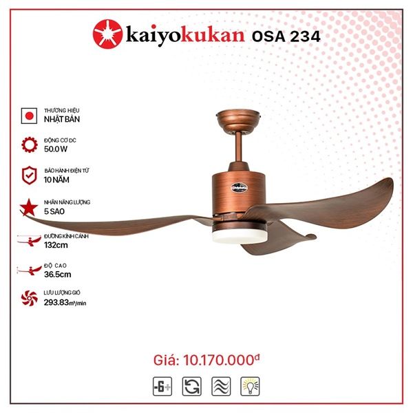 Quạt trần đèn Nhật Bản Kaiyo Kukan 3 cánh D132cm 50W DC OSA 234