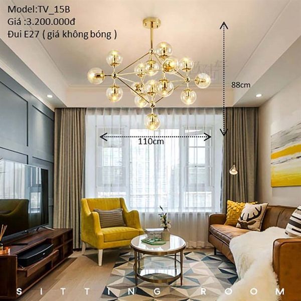 HT Đèn thả trang trí khung vàng, 15 bóng R=110cm, H=88cm đui e27 (giá không bóng) TV_15B HTTHTR-013-YE-15