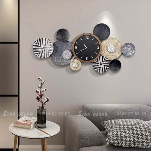 Decor đồng hồ trang trí phòng khách mâm hoạ tiết minimalist xám VLDCDH-002