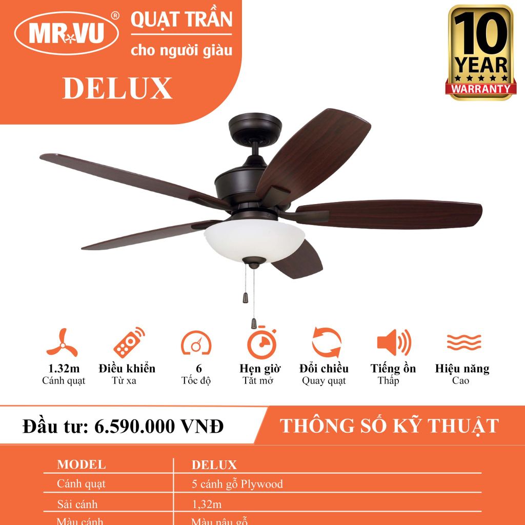 Quạt trần đèn Mr.Vu DELUX 5 cánh 1m32 80W AC