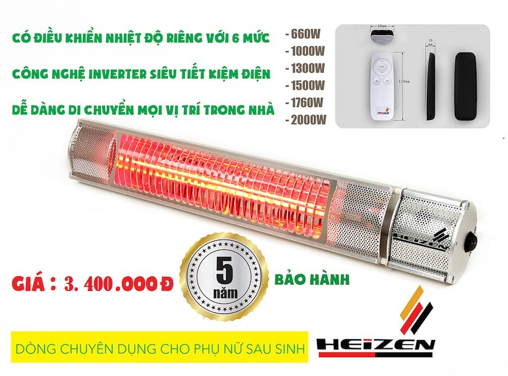 Đèn sưởi nhà tắm Heizen không chói mắt 2000W có điều khiển HEITR