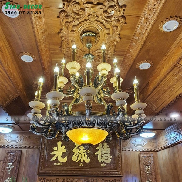Đèn chùm đồng bát đá tự 12+8 tay nến VLCHDO-
