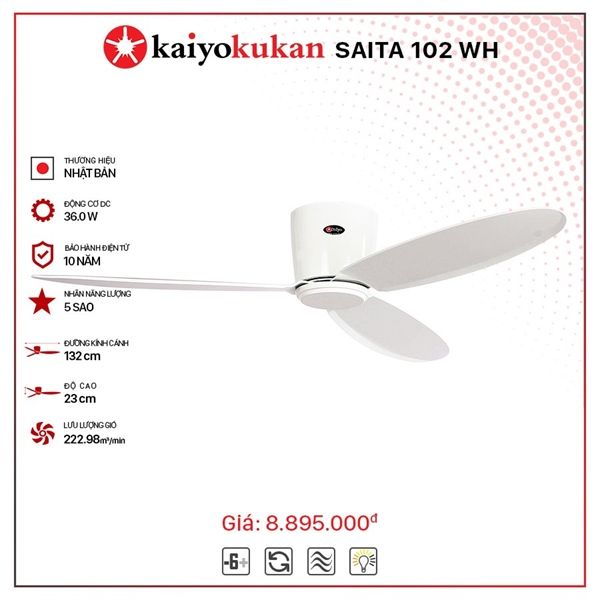 Quạt trần đèn Nhật Bản Kaiyo Kukan 3 cánh D132cm 36W DC SAITA 102 WH