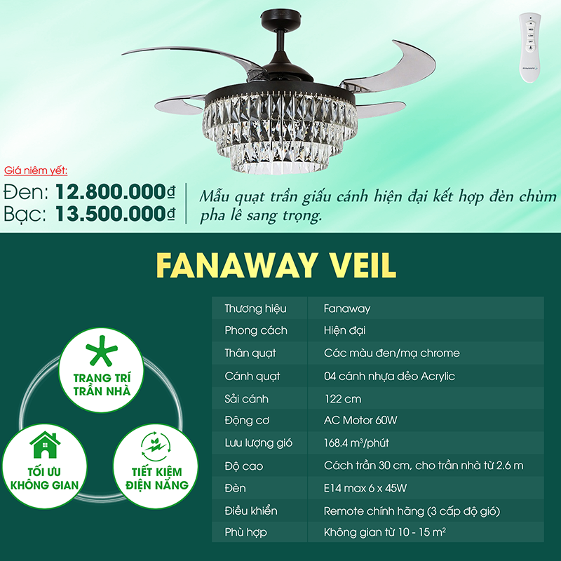 Quạt trần đèn thu cánh Úc Fanaway Veil 4 cánh 122cm 60w AC