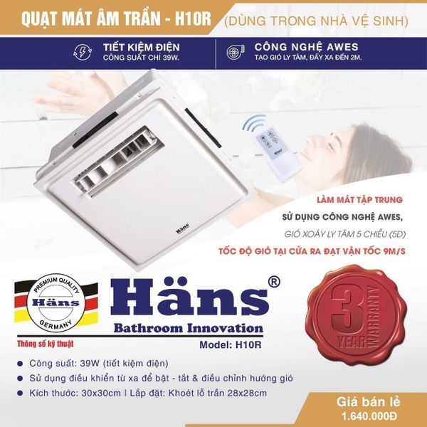 Quạt mát âm trần điều khiển từ xa Hans H10R