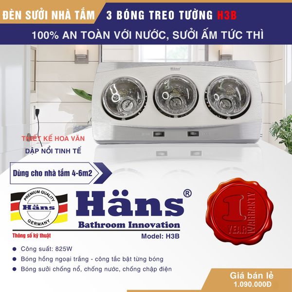 Đèn sưởi nhà tắm 3 bóng treo tường Hans treo tường dùng công tắc H3B