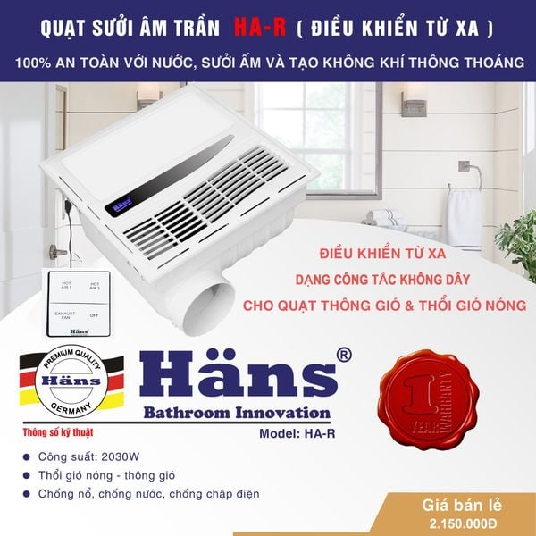 Quạt sưởi thông gió âm trần Hans dùng điều khiển HAR