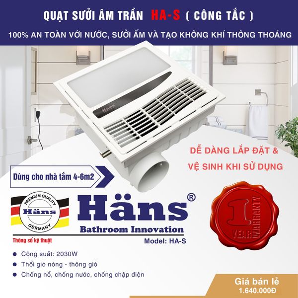 Quạt sưởi thông gió âm trần Hans dùng bộ công tắc HAS