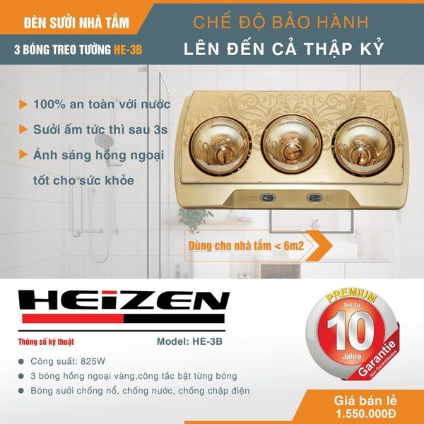 Đèn sưởi nhà tắm Heizen treo tường 3 bóng HE3B