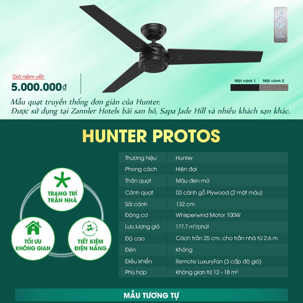 Quạt trần Mỹ Hunter Protos Đen mờ 3 cánh 132cm 100w AC