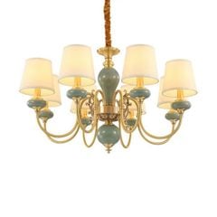 Đèn chùm đồng + gốm xanh ngọc + chao vải 8 tay E14*8 D820*H520 VLCHDO-285-AB
