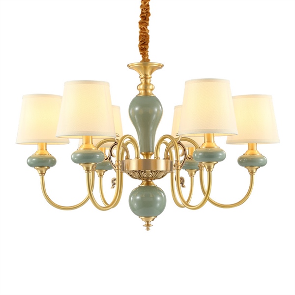 Đèn chùm đồng + gốm xanh ngọc + chao vải 6 tay E14*6 D750*H500 VLCHDO-285-AA