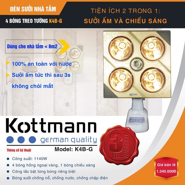 Đèn sưởi nhà tắm treo tường 4 bóng  Kottmann dùng công tắc K4BG