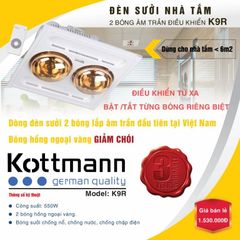 Đèn sưởi nhà tắm Kottmann âm trần 2 bóng có điều khiển từ xa K9R