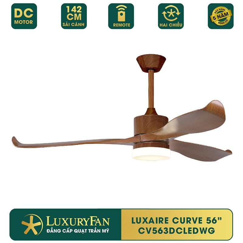 Quạt trần đèn Đài Loan Luxaire Curve 3 cánh 107/132/142cm 45w DC