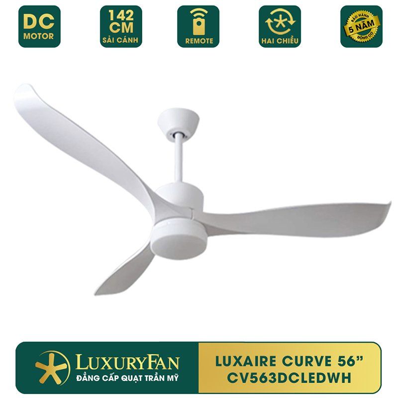 Quạt trần đèn Đài Loan Luxaire Curve 3 cánh 107/132/142cm 45w DC