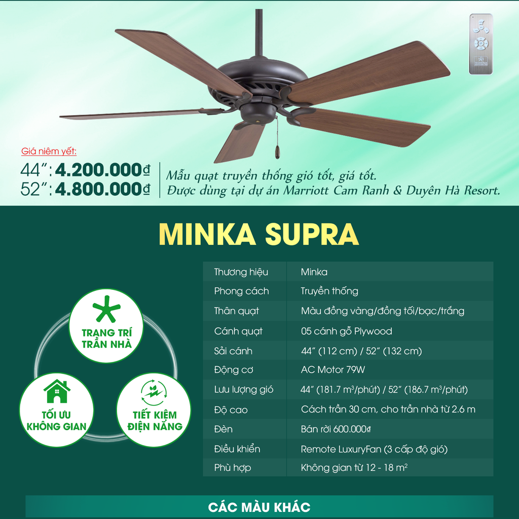 Quạt trần đèn Mỹ Minka Supra F568 5 cánh 132cm 79w AC